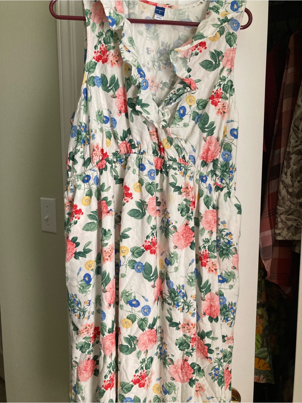 Old Navy White Floral Maternity Sundress with Blue & Pink Flowers